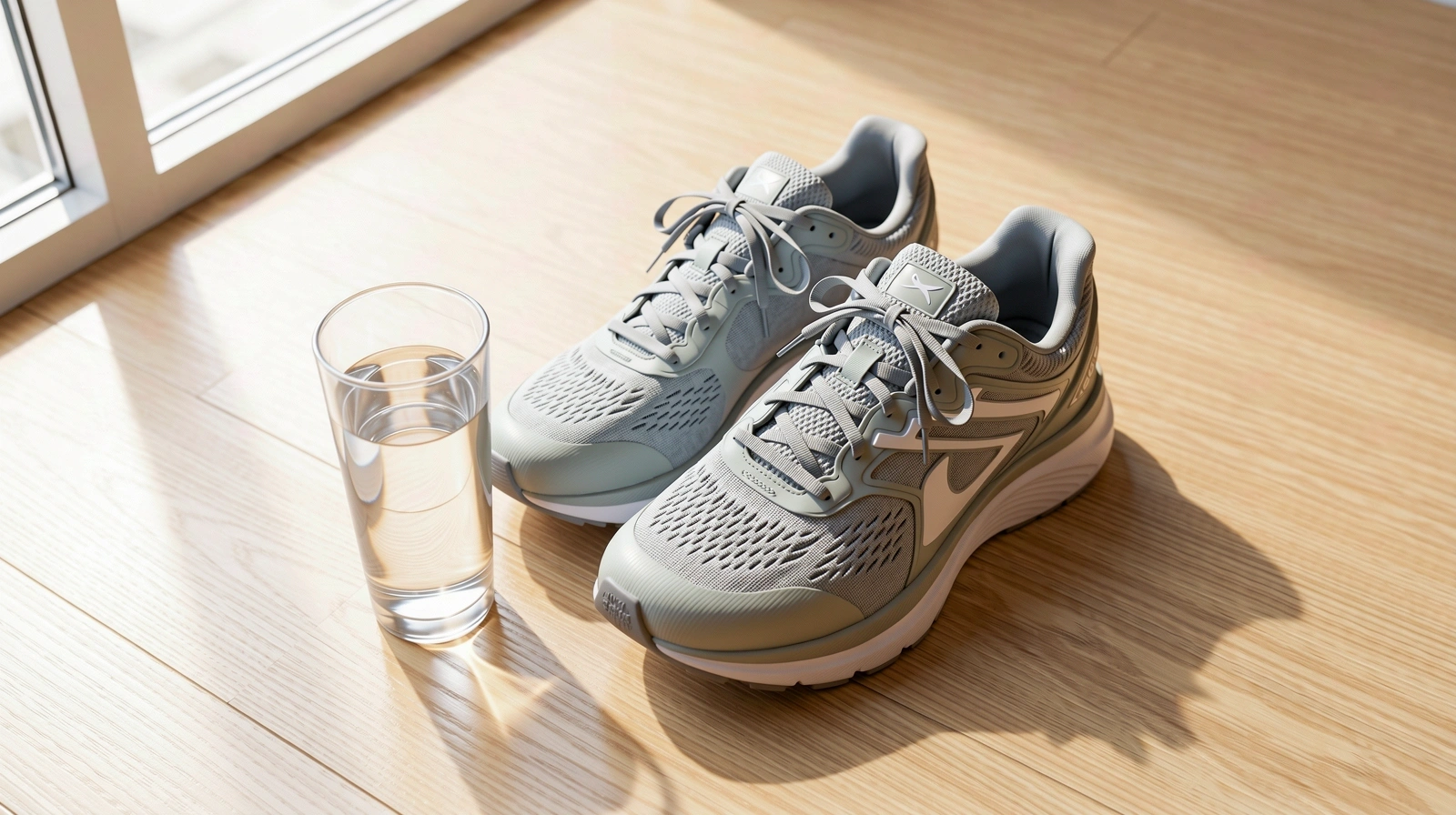 Calzado deportivo y agua bajo la luz del sol